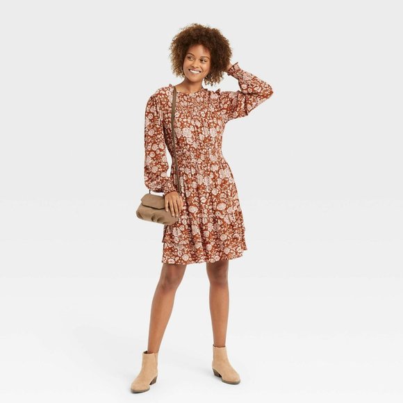 Boho Floral Long-Sleeve Smocked Dress - Picture 1 of 8
